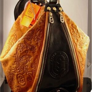 Marino Orlandi Cognac Italian Leather Butterfly Bucket Sling Bag